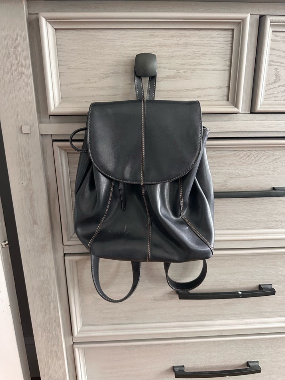 Classic Black Leather Drawstring Backpack